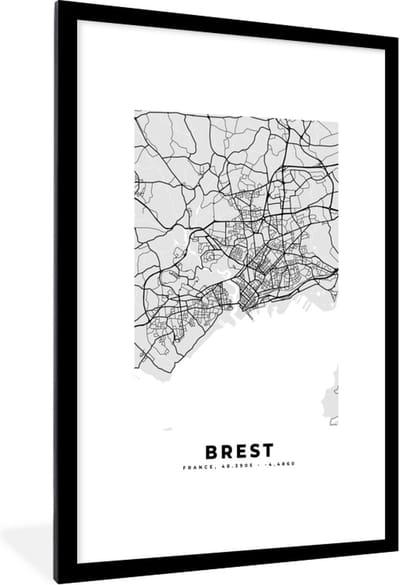 Fotolijst incl. Poster - Kaart - Stadskaart - Frankrijk - Brest - Plattegrond - 80x120 cm - Posterlijst