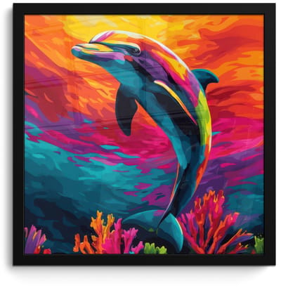 Poster in lijst - Fotolijst 40x40 cm - Posters - Dolfijn - Kleurrijk - Oceaan - Koraal - Posterlijst zwart - Decoratie - Wanddecoratie woonkamer - Muurdecoratie slaapkamer