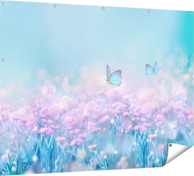 Gards Tuinposter Twee Blauwe Vlinders bij Roze Bloemen - 160x120 cm - Tuindoek - Tuindecoratie - Wanddecoratie buiten - Tuinschilderij