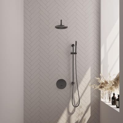 Brauer Gunmetal Edition thermostatische inbouw regendouche 3-weg rond SET 87 met 20 cm douchekop en gebogen muurarm en staaf handdouche en doucheslang en geïntegreerde glijstang gunmetal geborsteld PVD