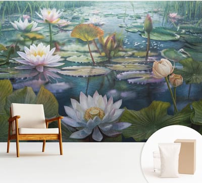 Wallfluent Behang - Vijverbloemen Vliesbehang - 312x219 cm - Groente Behang - Voor natuur- en kunstliefhebbers - Behang Voor de slaapkamer, woonkamer en kantoor - Behangrol Bloemen en planten