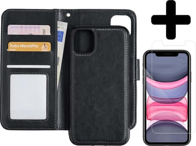 Hoesje - 2 in 1 - Geschikt voor Apple iPhone 11 - Met Screenprotector - En Uitneembare Hard Cover - Bookcase - Wallet Case - Met Pasjeshouder - Book Case - Uitneembaar - Pashouder - Kunstleer - Telefoonhoesjes - Zwart