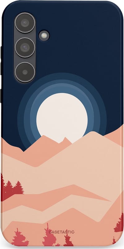 Casetastic hoesje geschikt voor Samsung Galaxy A55 - Dubbellaagse bescherming - Bergen bij maanlicht - Fashion Case - Zwart Perzik Zand Koraal