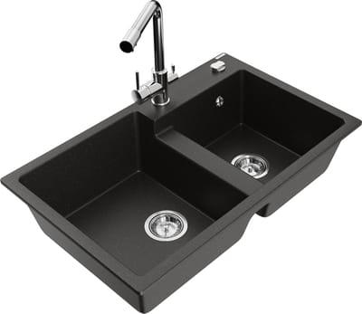 Mexen Tomas granieten spoelbak met 2 kamers en keukenkraan Duero, zwart/goud metallic - 6516-75-671600-00