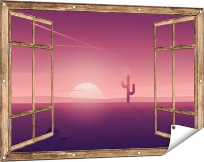 Gards Tuinposter Doorkijk Zonsondergang in de Woestijn met een Cactus - 120x80 cm - Tuindoek - Tuindecoratie - Wanddecoratie buiten - Tuinschilderij