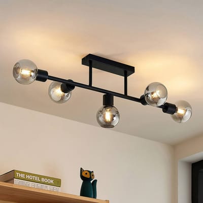 Lindby - plafondlamp - 5lichts - Staal, glas - H: 27 cm - E14 - matzwart, rookgrijs