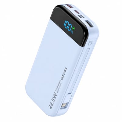 Sounix Powerbank 30.000 mAh - 22.5W Snellader - Ingebouwde Kabels - 5 Oplaadpoorten - LED Indicatie - Blauw