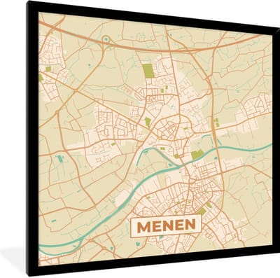 Fotolijst incl. Poster - Plattegrond - Kaart - België - Vintage - Menen - Stadskaart - 40x40 cm - Posterlijst