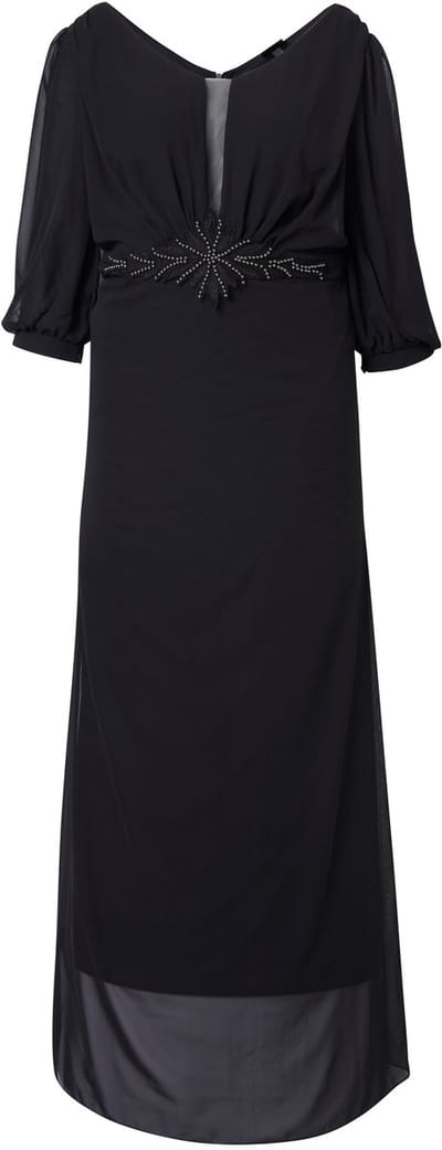 Ulla Popken - Dames - Chiffon maxi-jurk dubbellaags V-hals 3/4-mouwen - Zwart - Maat 52