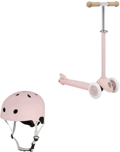 Banwood Eco Scooter + Basket + Eco Fietshelm - Faded Pink - kinderstep - kinder helm - voordeelset
