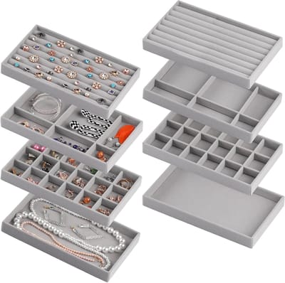 Sieradendienblad set van 4, fluweel organizer voor het opbergen en presenteren van sieraden, oorbellen, ringen en armbanden in stijl (grijs)