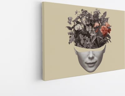 Saammp Canvas Schilderij - Vrouw met bloemen als hoofd - Beige - abstract - 30x20 - Foto op canvas - Wanddecoratie - Muurdecoratie Woonkamer - Slaapkamer decoratie - Canvas Print