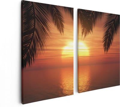 Artaza Canvas Schilderij Tweeluik Zonsondergang Op Het Strand Met Palmbomen - 80x60 - Foto Op Canvas - Canvas Print