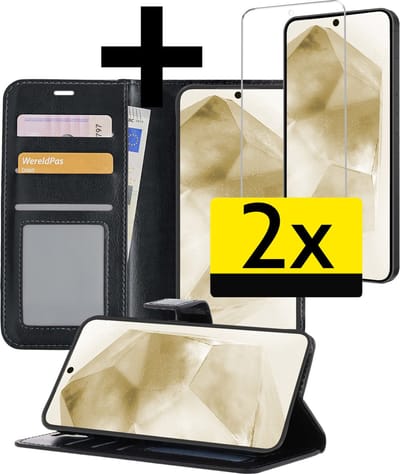 Hoesje - Met 2x Screenprotector - Geschikt voor Samsung Galaxy A55 - Luxe Pasjeshouder - Bookcase Portemonee - Flip Case - Kunstleer Book Case - Flipcase Hoes - Book Cover - Walletcase - Portemonneehoes - Telefoonhoesjes - Zwart