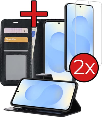 Hoesje - Met 2x Screenprotector - Geschikt voor Samsung Galaxy S25 - Luxe Pasjeshouder - Flip Case - Bookcase Portemonee - Kunstleer Book Case - Flipcase Hoes - Book Cover - Walletcase - Portemonneehoes - Telefoonhoes - Zwart