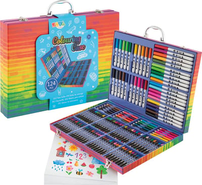 Tekendoos voor Kinderen 124pcs - Tekenset - Knutselpakketten - 15 tekenvellen - Stiften - Kleurpotloden - Waskrijt - Prachtige opbergkoffer - Joya Creative