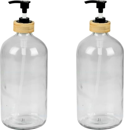Urban Living Zeeppompje/zeepdispenser - 2x - glas/bamboe - transparant - 1 liter - 24 cm