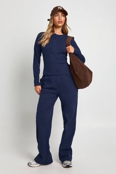 boohoo Dames Katoenen knop door ronde hals top & broek co ord | Marineblauw | Maat: 40