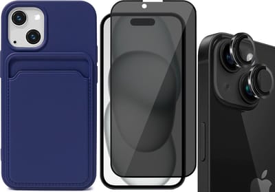 Hoesje Pasjeshouder geschikt voor iPhone 15 - Privacy Screenprotector FullGuard + Camera Lens Screen Protector Zwart - Siliconen Case Back Cover Blauw