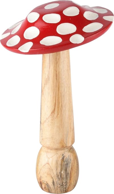 Dekoratief | Paddenstoel m/stippen, rood/wit/naturel, hout, 14x14x25cm | A238038