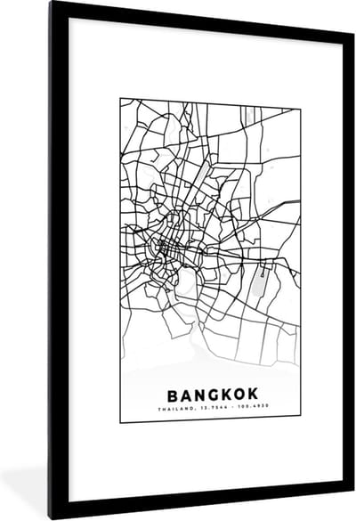 Fotolijst incl. Poster Zwart Wit- Bangkok - Zwart Wit - Plattegrond - Stadskaart - Kaart - 80x120 cm - Posterlijst