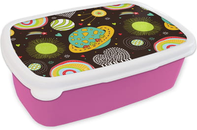 Broodtrommel Roze - Lunchbox - Brooddoos - Patronen - Ruimte - Planeten - Jongens - Kinderen - Kids - 18x12x6 cm - Kinderen - Meisje