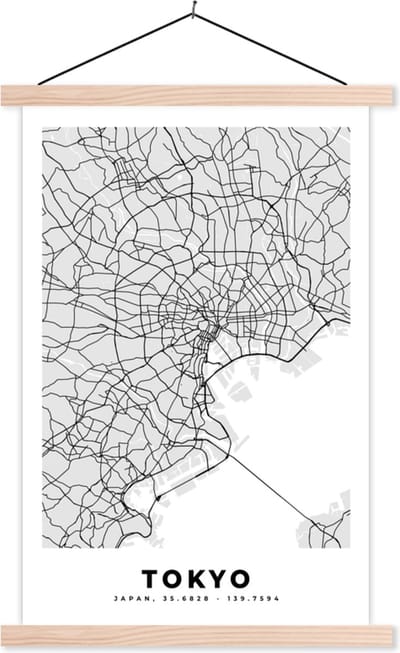 Posterhanger incl. Poster 40x60 cm - Schoolplaat - Tokyo - Stadskaart - Zwart Wit - Plattegrond - Kaart - Textielposter - Blanke latten - Stadskaart