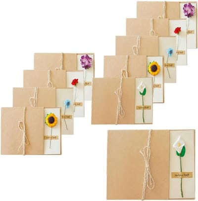 10 Stuks Gedroogde Bloemen Wenskaarten, Retro DIY Handgemaakte Kaarten voor Verjaardag, Valentijnsdag en Kerstmis (Inclusief 5 Soorten Papieren Bloemen)