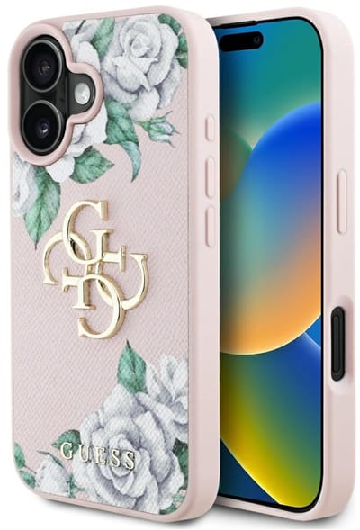Guess Grained Roses Big 4G Collectie - Hoesje - iPhone 16 - Bloemenpatroon - Roze