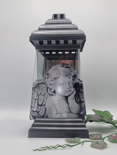 Herdenkingslicht - L-12a - Engel - Lantaren - Zilver - Spiegel - Windlicht - Graflicht - Graflantaarn - Grafdecoratie
