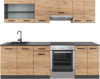 Vicco Keukenblok R-Line, Goudkleurig Eiken/Antraciet, 240 cm, WB Zwart patroon