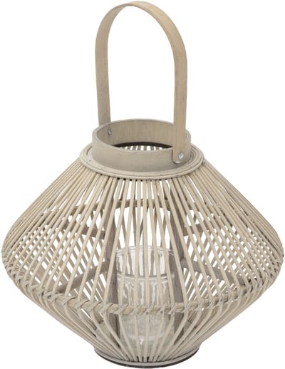 Bamboe lantaarn, windlicht H: 44 cm houtkleur, boho tuinlantaarn met handvat & glazen inzet, rieten kaarsenhouder
