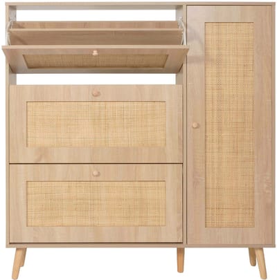 Rotan schoenenrek MCW-M37, schoenenrek/schoenenkast, 3 kantelbare vakken, 2 legplanken, 127x120x24 cm, hout met melamineafwerking ~ eikenlook