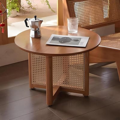 Ronde Salontafel - Houten Tafel - Woonkamer Inrichten - Handgemaakt Rotan - 60cm Diameter - Natuurlijk Bruin