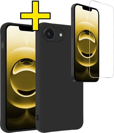 Hoesje - Met Screenprotector - Geschikt voor Apple iPhone 16e - Sterk & Shockproof - Back Cover - Siliconen Case - Telefoon Hoes - Telefoonhoesjes - Zwart
