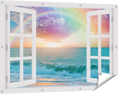 Gards Tuinposter Doorkijk Regenboog in het Water bij het Strand - 120x80 cm - Tuindoek - Tuindecoratie - Wanddecoratie buiten - Tuinschilderij