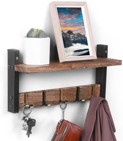 PolkaHome Draaibare Wandkapstok met Plank - 40,6 cm Multifunctionele Opbergoplossing voor Entree, Woonkamer, Slaapkamer en Badkamer - Rustieke Hout en Versterkt IJzer Design