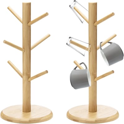 Famanu – Set van 2 bamboe bekerbomen met 6 haken – mokkenhouder voor koffie- en theekopjes – keuken organizer