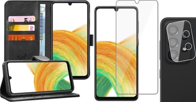 Hoesje geschikt voor Samsung Galaxy A33 - Book Case Kunstleer Wallet Cover Portemonnee Pasjeshouder Hoes Zwart - Tempered Glass Screenprotector - Camera Lens Protector