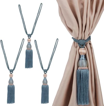 Dailygoods - 4 Stuks Blauwe Stalen Gordijnhouders met Kwastje - Handgemaakt en Gevlochten