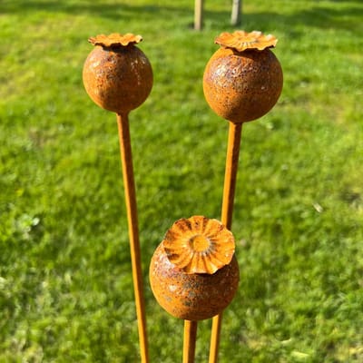 Diron tuinstaal - Set van 3 tuinstekers papaver - tuindecoratie - bloem - metaal roest patina - 95 cm lang.