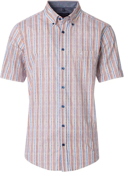 CASA MODA Sport casual fit overhemd - korte mouw - popeline - oranje met blauw en wit gestreept - Strijkvriendelijk - Boordmaat: 39 - 40