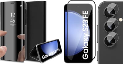 Hoesje geschikt voor Samsung Galaxy S23 FE - Screenprotector Volledig Dekkend Glas & Camera - Spiegel Book Case Zwart