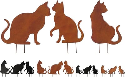 Katten Bodemstekers - Decoratieve tuinstekers - Tuin Decoratie - Set van 3 - 25 cm - Roestkleur
