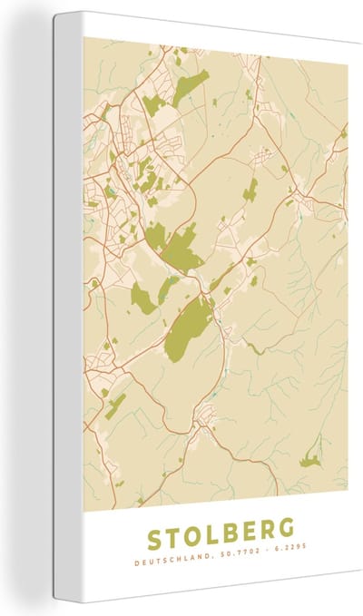 Canvas Schilderij Stolberg - Plattegrond - Vintage - Kaart - Stadskaart - 20x30 cm - Wanddecoratie