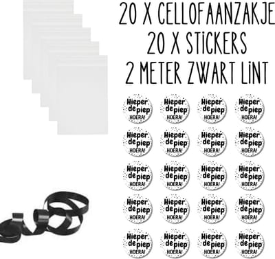 20 x transparante zakjes - 13 x 16,5 cm - 20 x stickers hieperdepiep hoera - rond - 4 cm - 2 meter zwart lint - Uitdelen - Trakteren - Traktatie maken