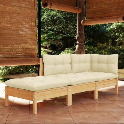 vidaXL - 3-delige - Loungeset - met - crèmekleurige - kussens - massief - grenenhout