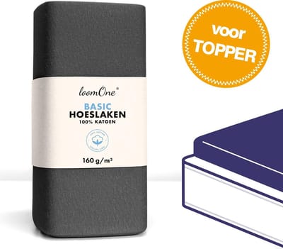 Loom One Hoeslaken Topper – 100% Jersey Katoen – 140x200 cm – tot 12cm matrasdikte– 160 g/m² – Antraciet