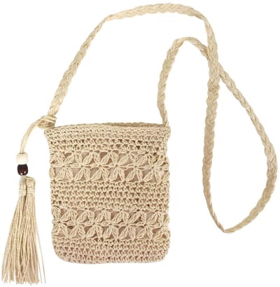 Dailygoods - Stro-schoudertas, kleine wilgentas, zomertas van stro, Boheems, gehaakt, met ritssluiting en kwast, voor vakantie, feest, afspraak