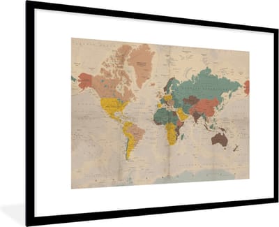 Poster in lijst - Fotolijst 90x60 cm - Posters - Wereldkaart - Vintage - Atlas - Kind - Jongetjes - Meid - Posterlijst zwart - Decoratie - Wanddecoratie woonkamer - Muurdecoratie slaapkamer